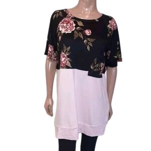 REBORN J Floral Tunic Top Color Block Short Sleeve Pocket Tee Womens Size Large